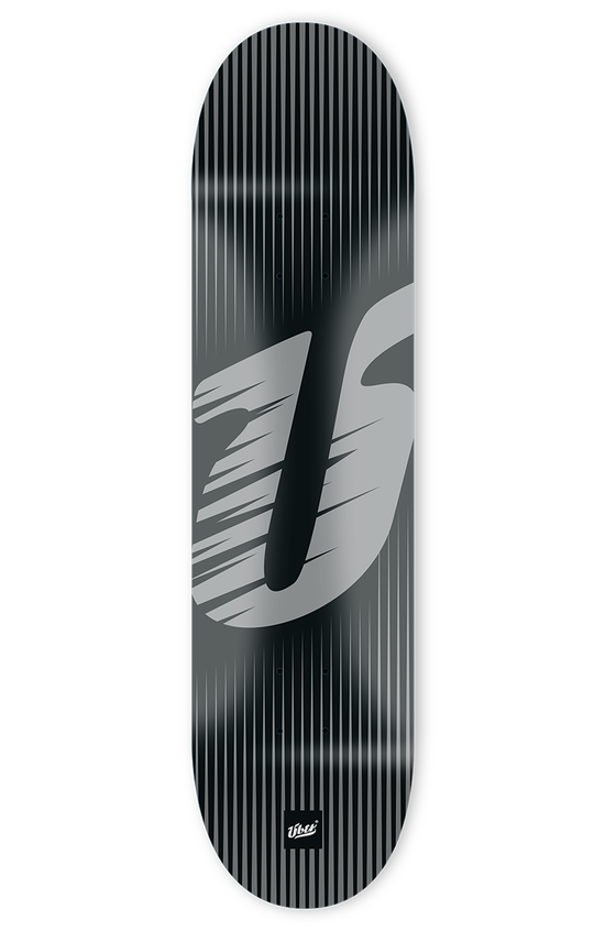 schwarzes skateboard deck großem U bedruckt, größe 8,1
