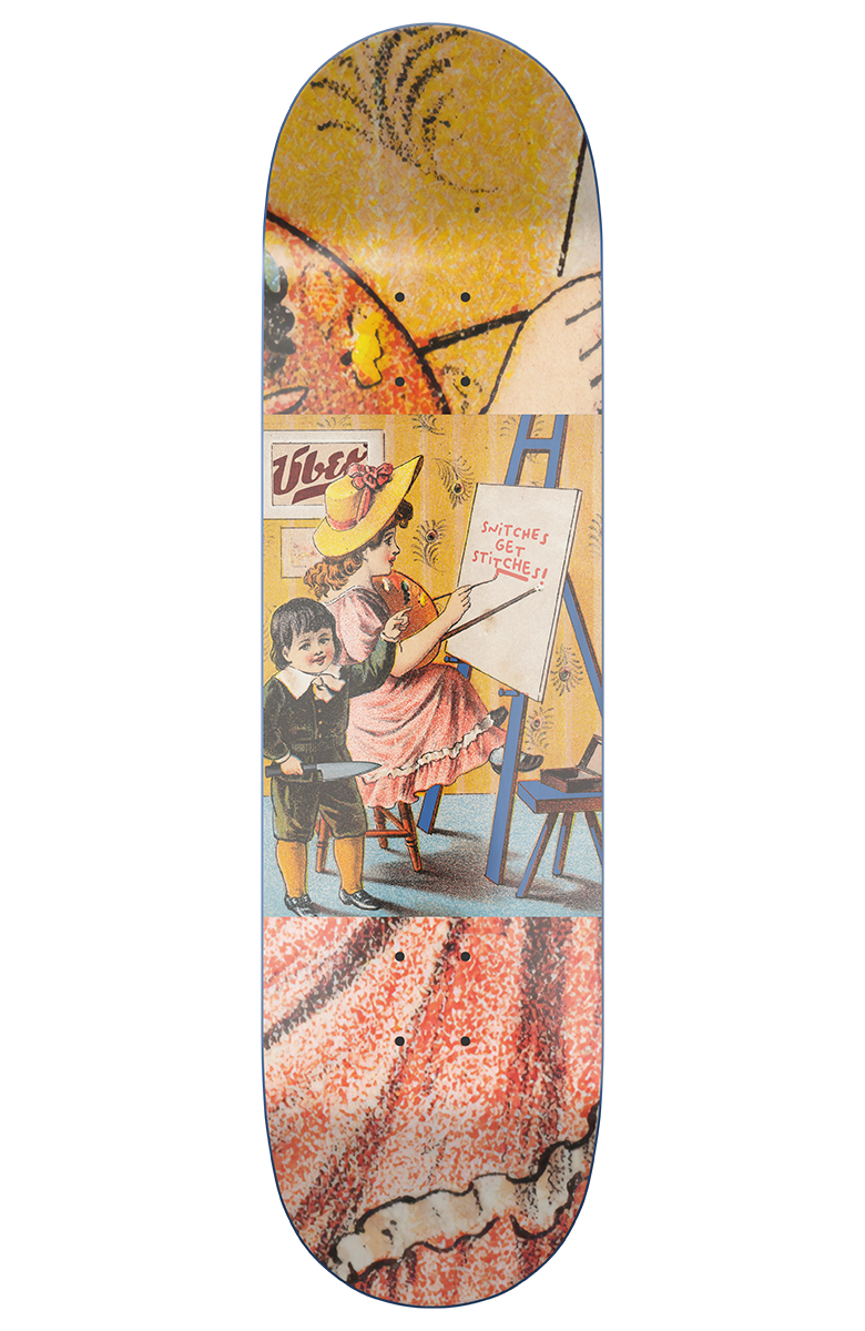 Skateboard deck mit Grafik im portrait format. darauf ist ein junge mit Esser in der hand abgebildet und eine Frau, die auf eine Leinwand "snitches get Stiches schreibt"